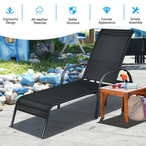 Don't leave the lounge chairs outside in rainy days for prolonging its' using life Made of Sun-proof and breathable fabric for long-lasting use  Powder-coated steel frame provides sturdy support Thick legs and anti-slip pads provide extra stability 5 adju