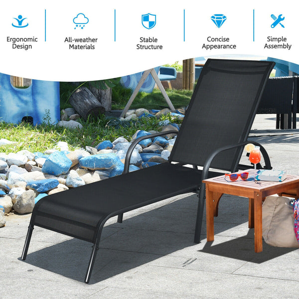 Don't leave the lounge chairs outside in rainy days for prolonging its' using life Made of Sun-proof and breathable fabric for long-lasting use  Powder-coated steel frame provides sturdy support Thick legs and anti-slip pads provide extra stability 5 adju