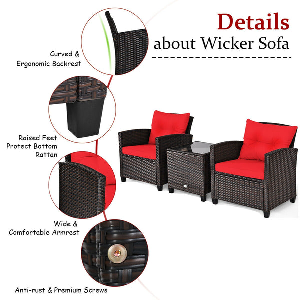 The strong and sturdy steel frame ensures the sturdiness of the set<br>Hand-woven rattan can withstand moderate rain or wind in outdoor<br>A wide armrest in suitable height is good for supporting and relaxing your arm<br>Thick and soft cushion with a high