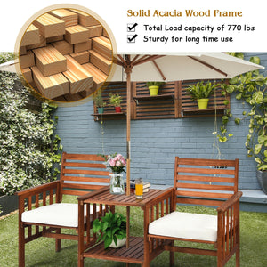 The functional loveseat brings color and pleasure to your outdoor space. Â  Made of premium acacia wood  this set has sturdy and durable construction. Paired with soft sponge cushions and high backrests  this conversation set provides upgraded comfort for