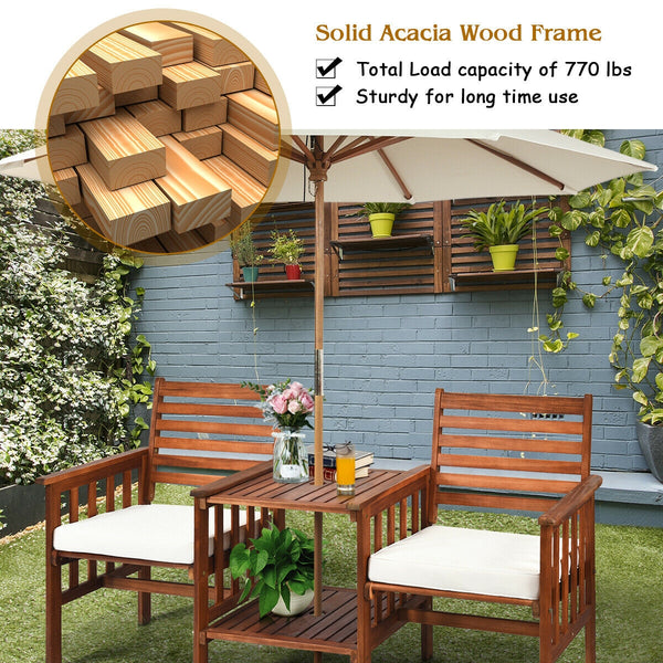 The functional loveseat brings color and pleasure to your outdoor space. Â  Made of premium acacia wood  this set has sturdy and durable construction. Paired with soft sponge cushions and high backrests  this conversation set provides upgraded comfort for
