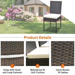 High-quality steel materials can ensure to last<br>Durable and weather-resistant PE rattan provides a long service life<br>The dining table with a tempered glass top provides spacious dining space<br>The cushions with hook and loop fasteners make you feel