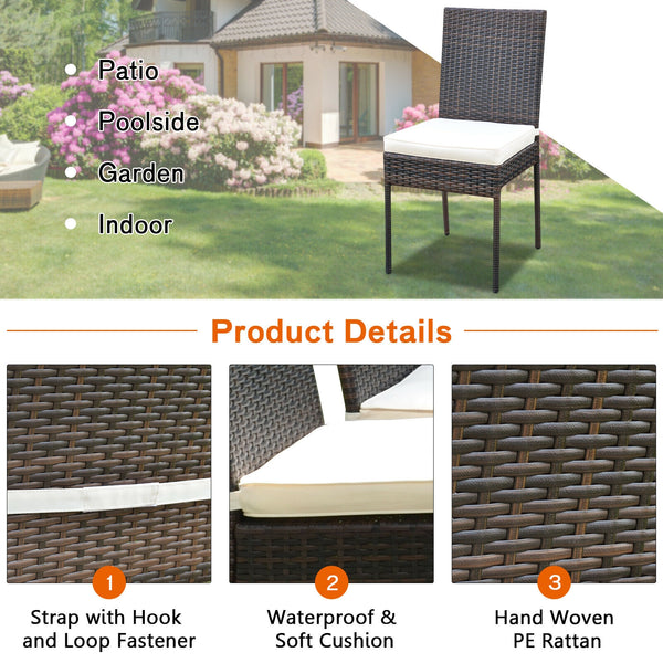 High-quality steel materials can ensure to last<br>Durable and weather-resistant PE rattan provides a long service life<br>The dining table with a tempered glass top provides spacious dining space<br>The cushions with hook and loop fasteners make you feel