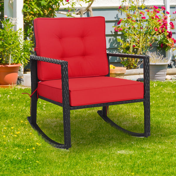 Sturdy and durable frame with exquisite rattan <br>Comfortable and safe rocking function <br>Thick and soft cushion for seat and back <br>Cushions are fixed by strings to prevent a move <br>Pads at the bottom can avoid sliding and protect rattan <br>Desig
