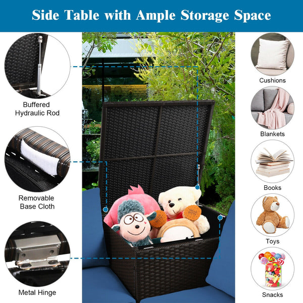 Made of rattan with good toughness and weather-resistant function<br>Reinforced steel frame with excellent stability<br>Padded seat and back cushions for soft and comfortable sitting feeling<br>Coffee table with tempered glass for strong supporting<br>End