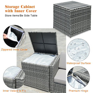 Including 6 sofas  1 storage box  1 coffee table  6 seat cushions and 6 back cushions <br>Sturdy iron frame and premium rattan for better durability <br>Large load-bearing capacity-- 360 lbs for each sofa and 110 lbs for coffee table <br>A storage box as 