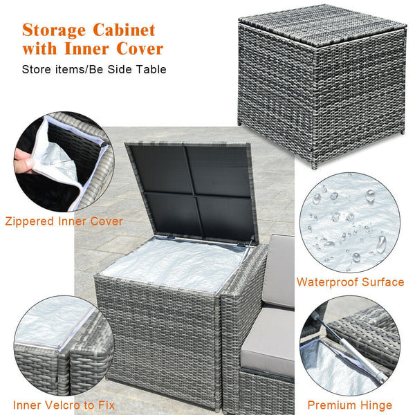 Including 6 sofas  1 storage box  1 coffee table  6 seat cushions and 6 back cushions <br>Sturdy iron frame and premium rattan for better durability <br>Large load-bearing capacity-- 360 lbs for each sofa and 110 lbs for coffee table <br>A storage box as 