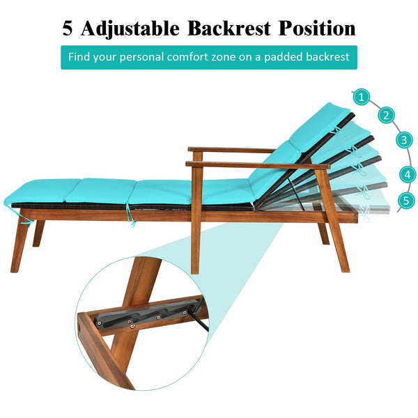 Adjustable fully reclining design with simple locking system <br>All-weather resistant rattan featuring sturdy wood construction <br>Very convenient to enjoy a warm sunshine at the pool or beach <br>Full padded and cushion offer you a comfortable experien