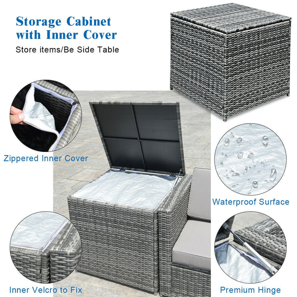 Including 6 sofas  1 storage box  1 coffee table  6 seat cushions and 6 back cushions <br>Sturdy iron frame and premium rattan for better durability <br>Large load-bearing capacity-- 360 lbs for each sofa and 110 lbs for coffee table <br>A storage box as 