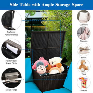 Made of rattan with good toughness and weather-resistant function<br>Reinforced steel frame with excellent stability<br>Padded seat and back cushions for soft and comfortable sitting feeling<br>Coffee table with tempered glass for strong supporting<br>End