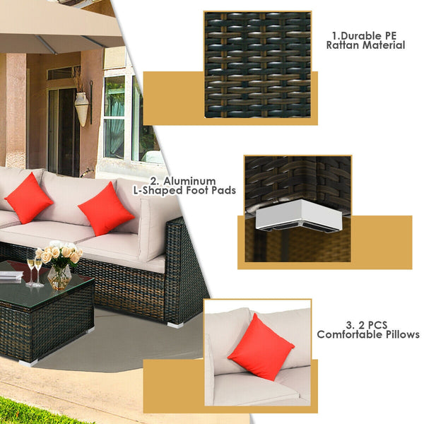 Including 1 armless sofa  2 corner sofas  1 ottoman  and 1 coffee table for a versatile use<br>Sturdy steel frame and durable PE rattan for long time use<br>4'' thick cushions to provide extraordinary comfort<br>Equipped with 2 extra soft pillows for bett