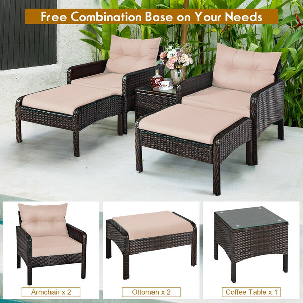 Includes 2 single chairs  2 ottomans and a side table<br>Heavy-duty metal frame with great sturdiness<br>All-weather PE rattan durable for outdoor use<br>Long-lasting tempered glass table smooth for wiping<br>3" thick cushions for excellent softness<br>Re