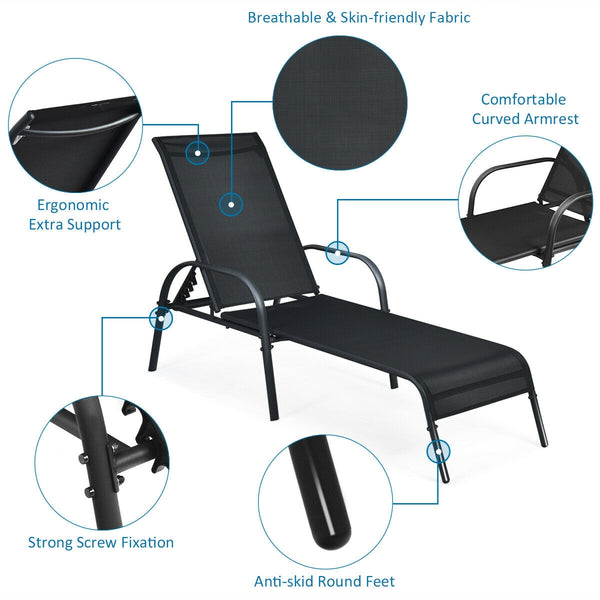 Don't leave the lounge chairs outside in raining days for prolonging its' using life <br>Made of Sun-proof and breathable fabric for long-lasting use <br>Powder coated steel frame provides sturdy support <br>Thick legs and anti-slip pads provide extra sta