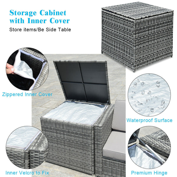 Including 6 sofas  1 storage box  1 coffee table  6 seat cushions and 6 back cushions <br>Sturdy iron frame and premium rattan for better durability <br>Large load-bearing capacity-- 360 lbs for each sofa and 110 lbs for coffee table <br>A storage box as 