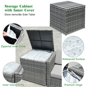 Including 6 sofas  1 storage box  1 coffee table  6 seat cushions and 6 back cushions <br>Sturdy iron frame and premium rattan for better durability <br>Large load-bearing capacity-- 360 lbs for each sofa and 110 lbs for coffee table <br>A storage box as 