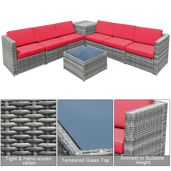 Including 6 sofas  1 storage box  1 coffee table  6 seat cushions and 6 back cushions <br>Sturdy iron frame and premium rattan for better durability <br>Large load-bearing capacity-- 360 lbs for each sofa and 110 lbs for coffee table <br>A storage box as 