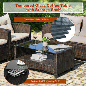Consist of 2 single sofas  1 loveseat and a tea table <br>Ergonomics chair back and armrest shape design <br>Different combinations according to your needs <br>Sturdy steel frame  stable and not easy to shake <br>High quality PE rattan wicker  high-grade 