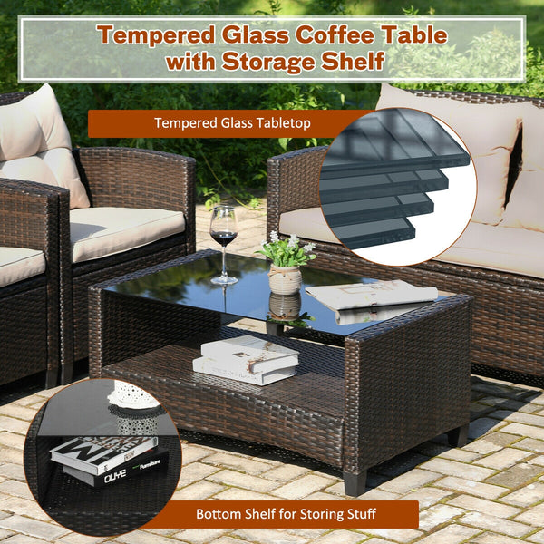 Consist of 2 single sofas  1 loveseat and a tea table <br>Ergonomics chair back and armrest shape design <br>Different combinations according to your needs <br>Sturdy steel frame  stable and not easy to shake <br>High quality PE rattan wicker  high-grade 