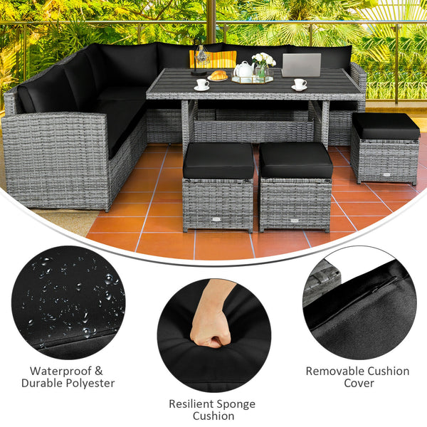 Packages include 3 loveseats  3 ottomans  1 table  6 seat cushions  7 back cushions  and instruction<br>Packages come in 4 boxes<br>Powder-coated steel structure provides strong durability and stability<br>All-weather and wear-resistant rattan ensures lon