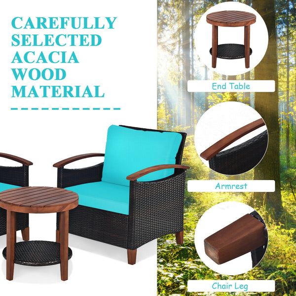 Made of tightly woven all-weather rattan to ensure durability<br>Acacia wood frame and thickened legs provide powerful support<br>The space-saving table can be used as an end table  side table  or coffee table<br>Thick cushions filled with premium sponge 