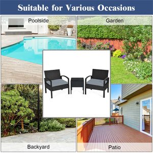 This rattan patio conversation set which will provide you a comfortable experience in your leisure time. Â  This set of outdoor furniture is made of high-quality rattan and strong steel  which is durable and has a long service life. The thick soft cushion