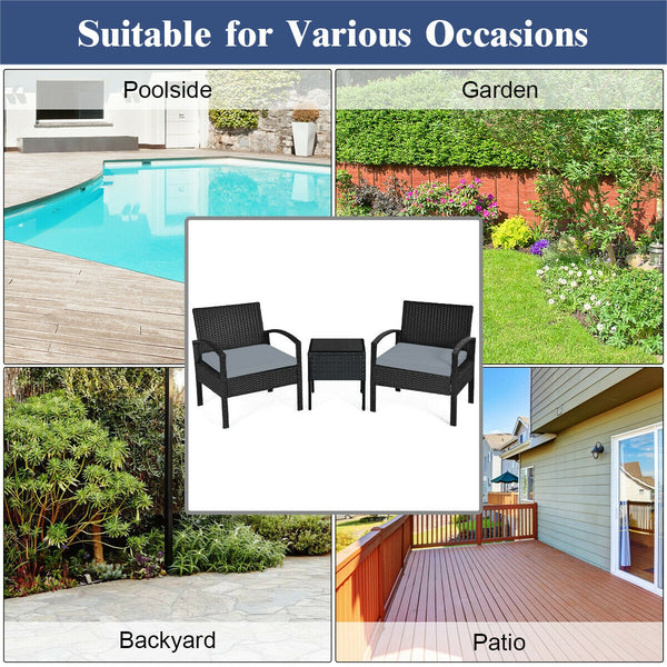 This rattan patio conversation set which will provide you a comfortable experience in your leisure time. Â  This set of outdoor furniture is made of high-quality rattan and strong steel  which is durable and has a long service life. The thick soft cushion
