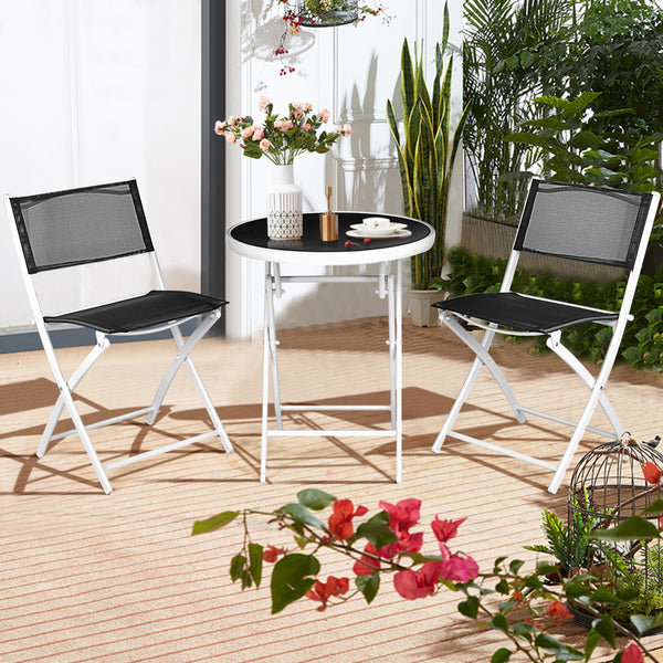 High quality and brand new<br>Including 2 chairs  and 1 coffee table with glass top<br>Durable textile fiber material<br>Sturdy steel frame<br>Folding frame make it convenient to store and move<br>The reinforced glass table top greatly increases the durab