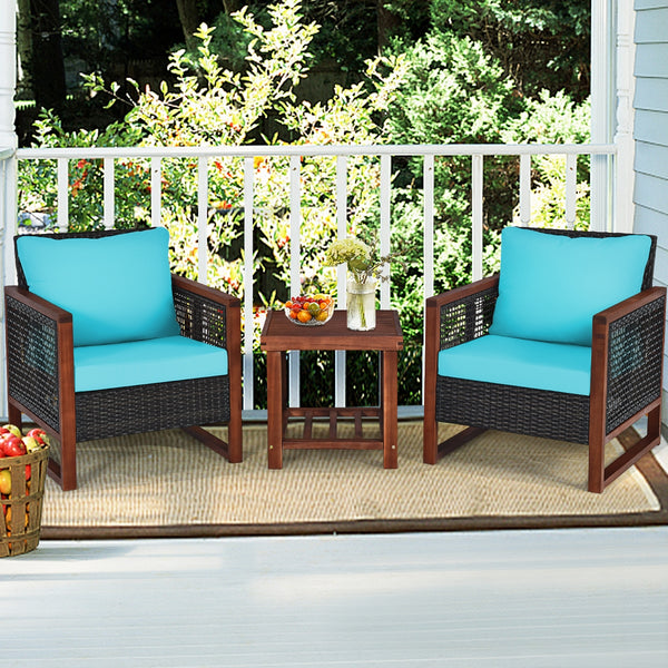 Please avoid rain exposure for longer serving time.<br>Package includes 2 sofas  1 table  2 seat cushions  2 back cushions and instruction<br>Made of all-weather rattan  sturdy and durable<br>Acacia wood frame and unique base provide powerful support<br>A