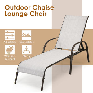 Don't leave the lounge chairs outside in rainy days for prolonging its' using life Made of Sun-proof and breathable fabric for long-lasting use  Powder-coated steel frame provides sturdy support Thick legs and anti-slip pads provide extra stability 5 adju