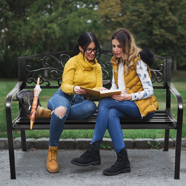 This bench can put in park  backyard  garden  deck  patio  etc.  providing you space to have a rest. Â  Made of steel  the bench has sturdy and durable construction. It features a mesh style on the backrest. The bench is simple yet elegant  can be a good 