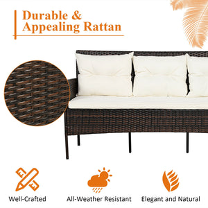Sturdy steel frame ensures strong weight capacity <br>Premium rattan with all-weather resistance for long-time use <br>Cozy seat with high backrest and soft armrest offers comfort <br>High density cushion with removable cover makes maintenance easier <br>