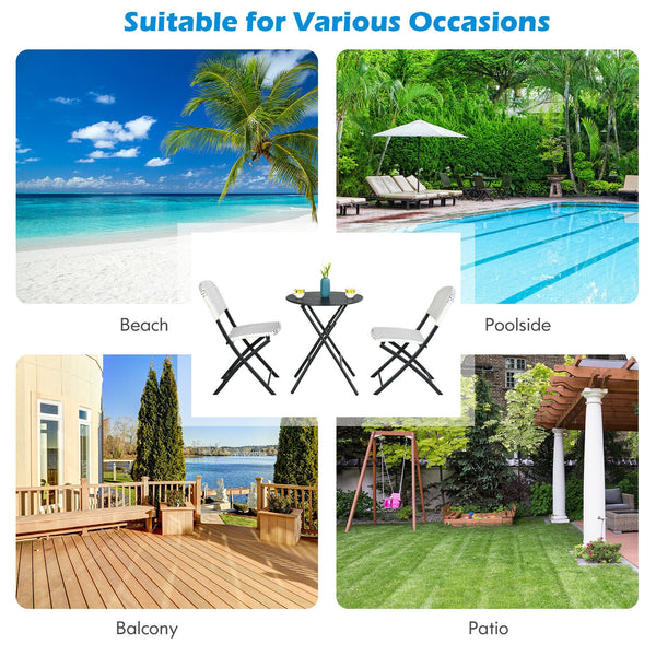 This 3-piece rattan dining chair and table set includes 1 folding dining table and 2 chairs  which will bring an elegant atmosphere to your patio or deck. Â  The heavy-duty steel frame provides a solid foundation for this delightful dining set. Besides  d