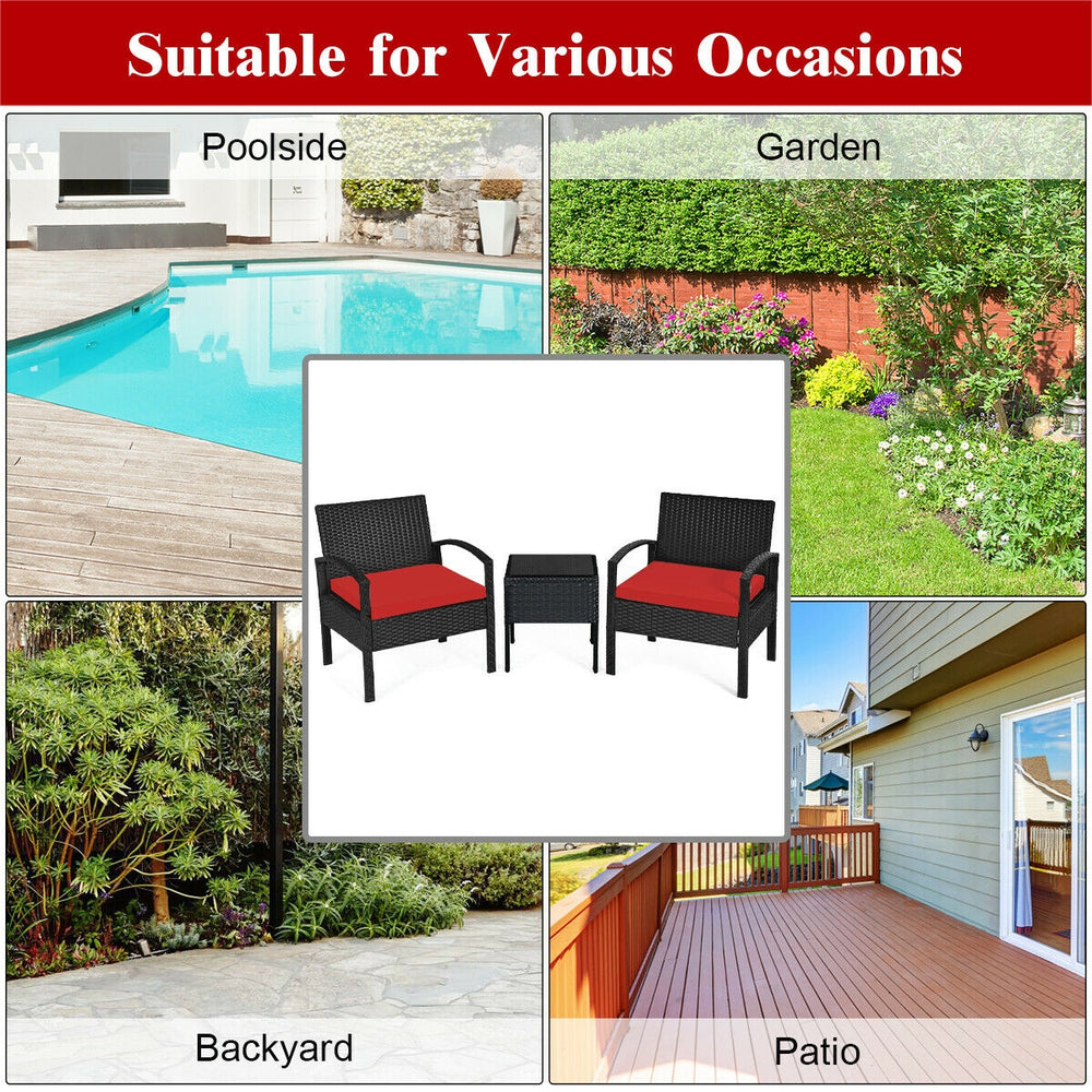 This rattan patio conversation set which will provide you a comfortable experience in your leisure time. Â  This set of outdoor furniture is made of high-quality rattan and strong steel  which is durable and has a long service life. The thick soft cushion