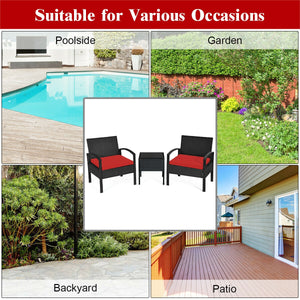 This rattan patio conversation set which will provide you a comfortable experience in your leisure time. Â  This set of outdoor furniture is made of high-quality rattan and strong steel  which is durable and has a long service life. The thick soft cushion