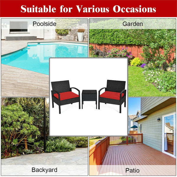 This rattan patio conversation set which will provide you a comfortable experience in your leisure time. Â  This set of outdoor furniture is made of high-quality rattan and strong steel  which is durable and has a long service life. The thick soft cushion