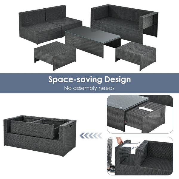 After working indoors for too long  people always want to go out for air and get close contact with nature. And our 6pcs patio furniture set provides a perfect outdoor relaxing place for you. Â  Our product features 1 loveseat  2 armless sofas  2 ottomans