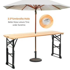 Premium wood ensures sturdy and durable structure<br>X-shape design increases the stability of table<br>2 adjustable heights for your different needs<br>Umbrella hole is designed for sun protection<br>Wood tabletop is spacious enough for holding food and 