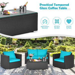 Including 1 x Table  2 x Single sofa  1 x Loveseat  4 x Seat cushion  4 x Back cushion  1 x Instruction<br>Stable steel frame can ensure a high-weight capacity<br>Weather-resistant PE rattan is durable enough for a long lifespan<br>Table and sofas come up