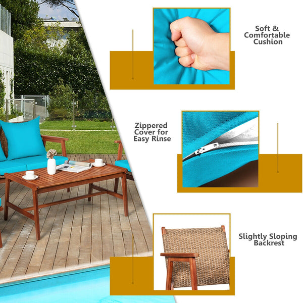 Including 2 x Single sofa  1 x Loveseat  1 x Coffee table  4 x Seat cushion  4 x Back cushion  1 x User guide<br>Hand-woven rattan is breathable and comfortable<br>Thick and soft cushions will provide you excellent comfort<br>Cover with the zipper of the 