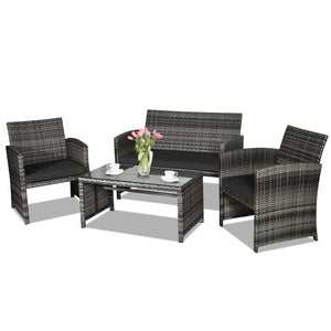 Rattan patio set includes one loveseat  two single chairs and one coffee table. <br>Made of high-quality rattan with strong built-in frame structure <br>Functional and beautiful design perfect for garden  backyard and balcony <br>Rattan coffee table with 
