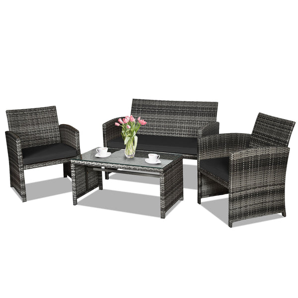 Rattan patio set includes one loveseat  two single chairs and one coffee table. <br>Made of high-quality rattan with strong built-in frame structure <br>Functional and beautiful design perfect for garden  backyard and balcony <br>Rattan coffee table with 