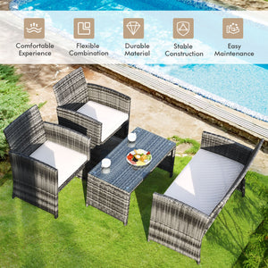 Rattan patio set includes one loveseat  two single chairs and one coffee table. <br>Made of high-quality rattan with strong built-in frame structure <br>Functional and beautiful design perfect for garden  backyard and balcony <br>Rattan coffee table with 