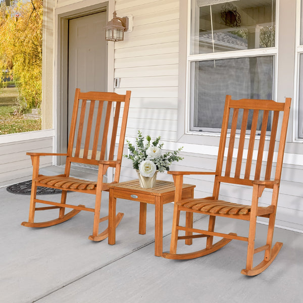 This eucalyptus rocking chair set is perfect for the patio  backyard  porch  garden or beach area. Â  This rocking chair set includes two wood rocking chairs and a coffee table  available for 2 people to relax. The wide backrest with wide batten and ergon