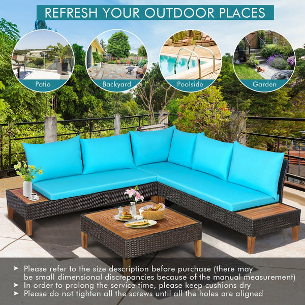 With comfy cushions  large seats  practical coffee table and 2 handy side tables  this outdoor conversation not only provides ultimate coziness for sitting  but also brings large space for accommodating different items. Â  What's more  the solid acacia wo