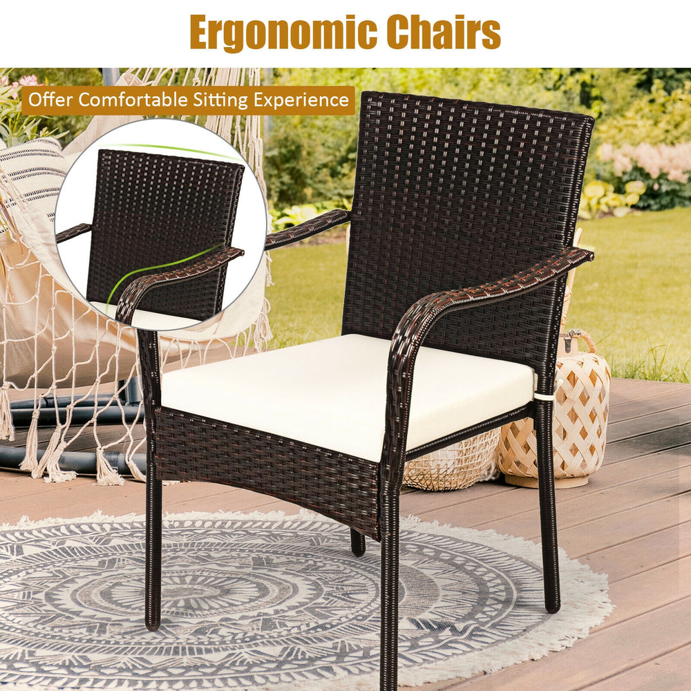 These stacking chairs are a great addition to different outdoor places  such as poolside  garden  backyard and patio  etc. Â  Are you bothered to find a comfortable outdoor furniture set? These set of 4 outdoor rattan dining chairs are the perfect solutio