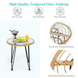 Premium wicker ensures high resistance to weather/sunlight/water<br>Heavy-duty steel frame with rust-resistant powder coated surface<br>High density sponge padded cushions provide great comfort<br>Tempered glass tabletop to place small decor  snacks and d