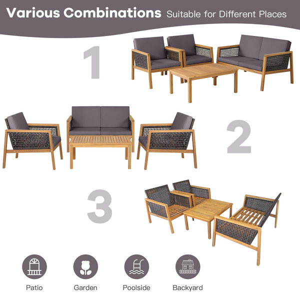 Come with 2 packages  may arrive separately <br>High quality acacia wood for steady performance and rustic touch <br>Withstand weather variations thanks to its all-weather mix of brown PE rattan <br>Bring a soft sitting experience with breathable and thic