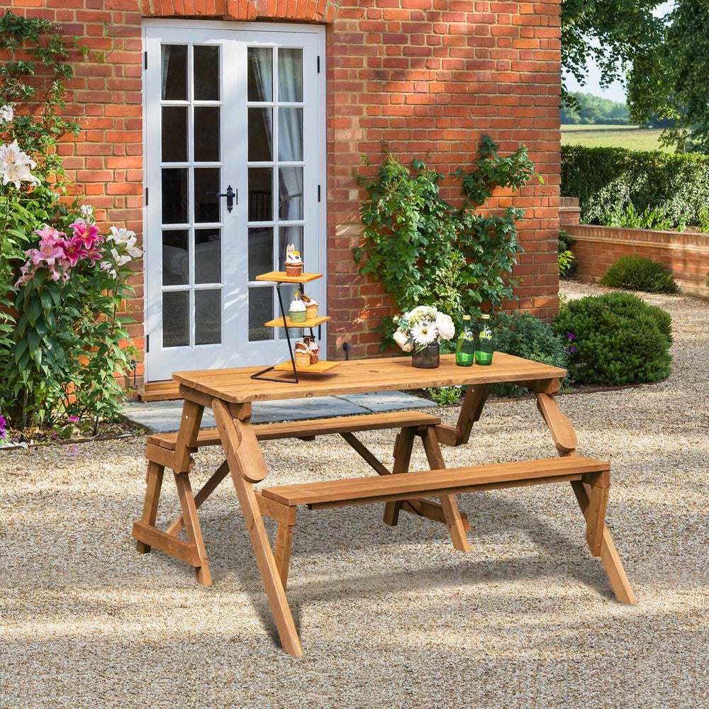 A piece of outdoor furniture that combines a picnic table and garden bench as one for great convenience! Â  When it serves as an outdoor picnic table  it can accommodate 4 people  which is great for outdoor gatherings. Meanwhile  the built-in umbrella hol