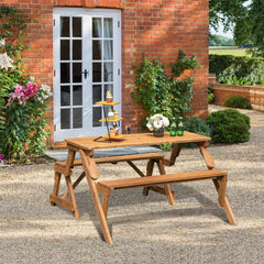 A piece of outdoor furniture that combines a picnic table and garden bench as one for great convenience! Â  When it serves as an outdoor picnic table  it can accommodate 4 people  which is great for outdoor gatherings. Meanwhile  the built-in umbrella hol