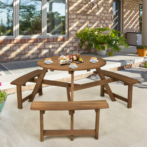 Have a wonderful gathering time with this round wooden picnic table! Â  Holding up to 6 people  this round wooden picnic table is suitable for family or friends gathering to spend an enjoyable leisure time. In order to build a durable outdoor round picnic